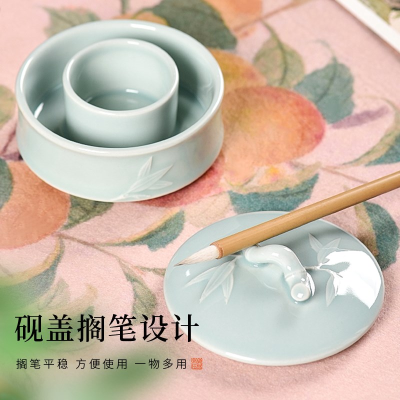 梅林笔庄陶b瓷火锅砚台书法不干墨双圈保湿火锅墨盒带盖子墨池墨