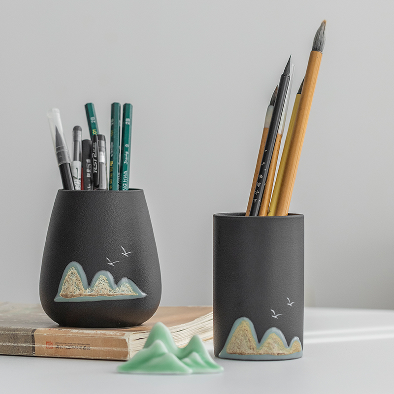 远山笔筒创意陶瓷k简约办公室桌面摆件时尚学生儿童笔筒多功能收