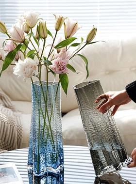 龙柳花瓶玻璃透明高款插花长枝干枝干支灰色烟灰色插W树枝直筒落