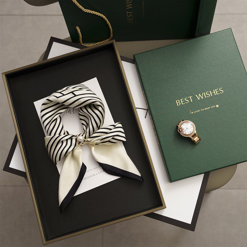 简约100%桑蚕丝小方巾条纹围巾春秋女百搭真丝丝T巾领巾送人礼盒