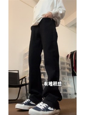 布老哥Blog黑色m显瘦毛边窄版直筒裤微中弹显高休闲牛仔裤长裤K55