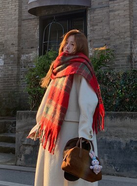 圣诞红色格子围巾女冬季韩版穿搭保暖加I厚针织披肩围脖两用秋冬