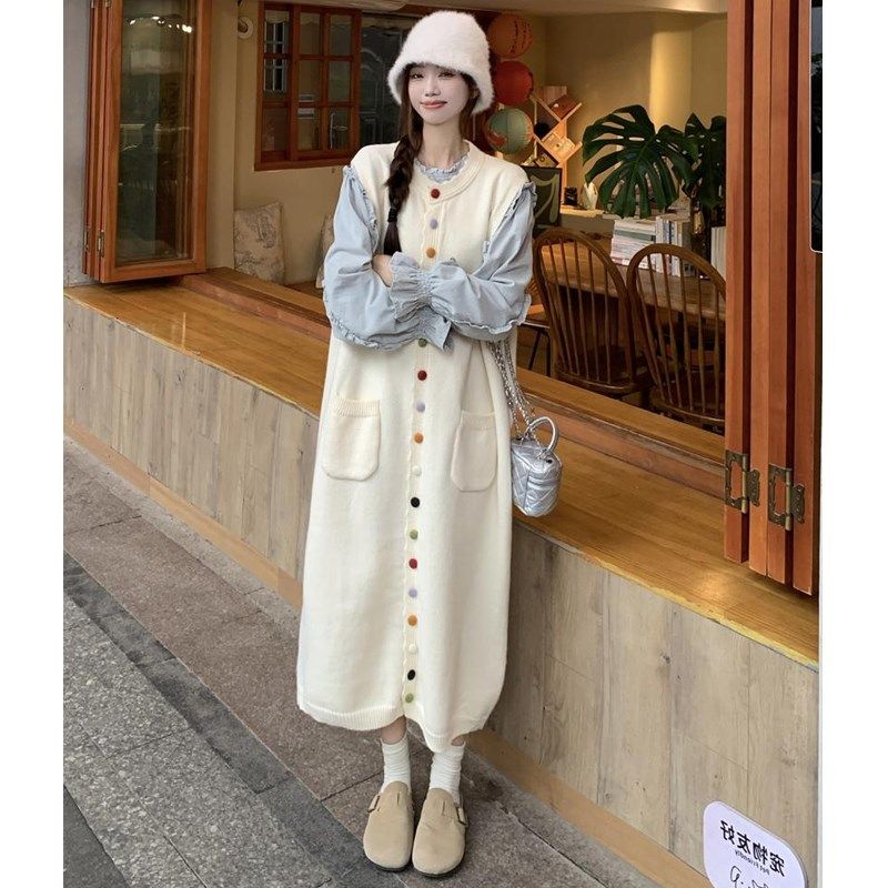 大码女装2d024秋冬新中式手工彩虹扣加厚中长针织马甲裙+衬衫套装