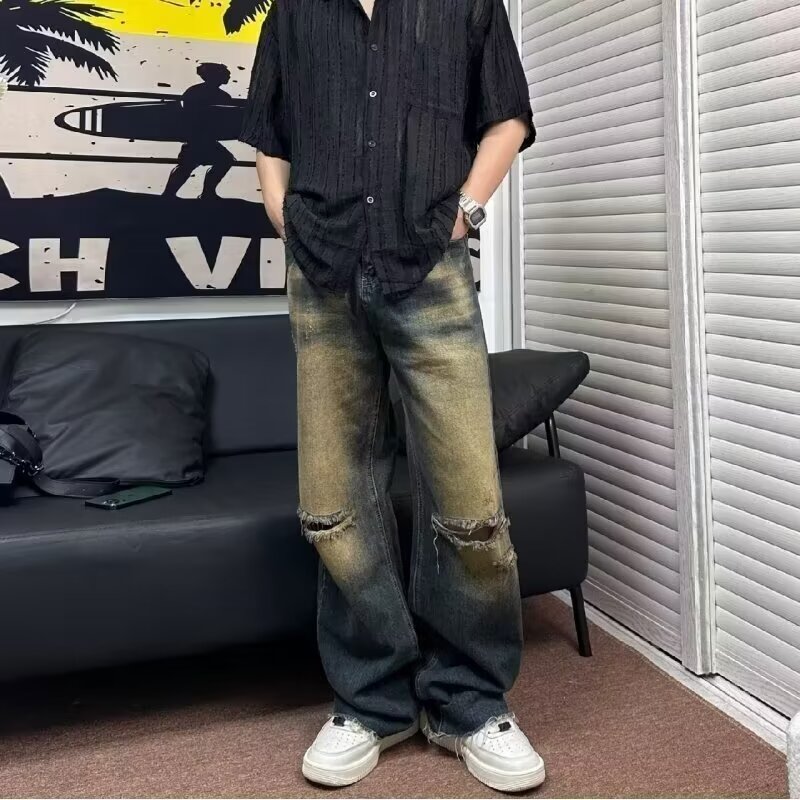 秋冬季大码250斤新款美式复古破洞牛仔裤男设计感宽松直筒长裤