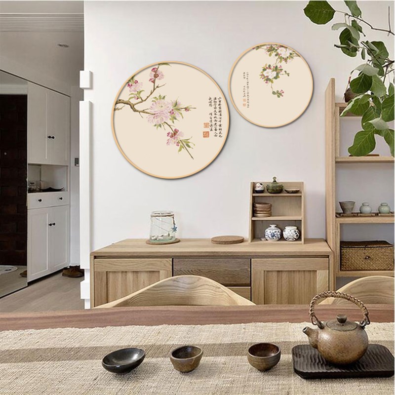 实木圆形框花卉装饰画古典中国风客厅背景墙卧室玄关过道壁画挂画图片
