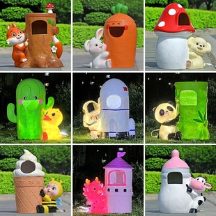 户外卡通创意垃圾桶雕塑玻璃钢幼儿园公园景区动物果皮箱分类摆件