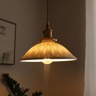 日式 复古黄铜陶瓷小吊灯餐厅吧台玄关橱窗卧室床头灯具 胡桃木美式