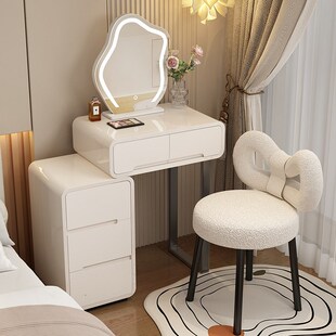 实木烤漆小户型梳妆台卧室60cm简约2024新款 奶油风一体化妆桌