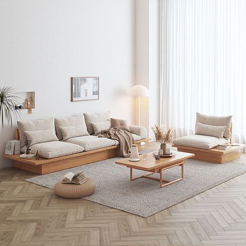日式实木沙发客厅小户型北欧简约储物三人地台布艺原木框架奶油风