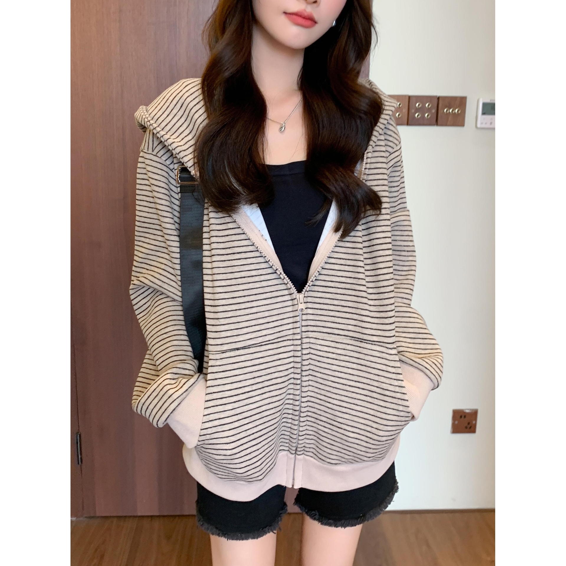 K1365严选连帽条纹外套秋冬季美式复古拉链宽松慵懒开衫长袖卫衣