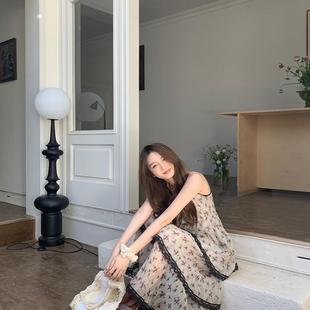 法式 碎花吊带连衣裙 甜美穿搭蕾丝花边拼接蛋糕裙夏季 小众显瘦长款