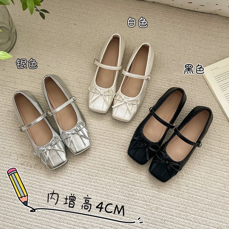 内增高单鞋女2025新款配裙子银色玛丽珍女鞋浅口芭蕾鞋设计感小众