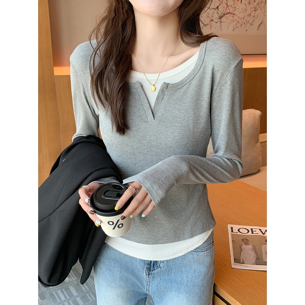 H261假两件设计感长袖T恤女秋季修身显瘦别致绝美上衣圆领打底衫