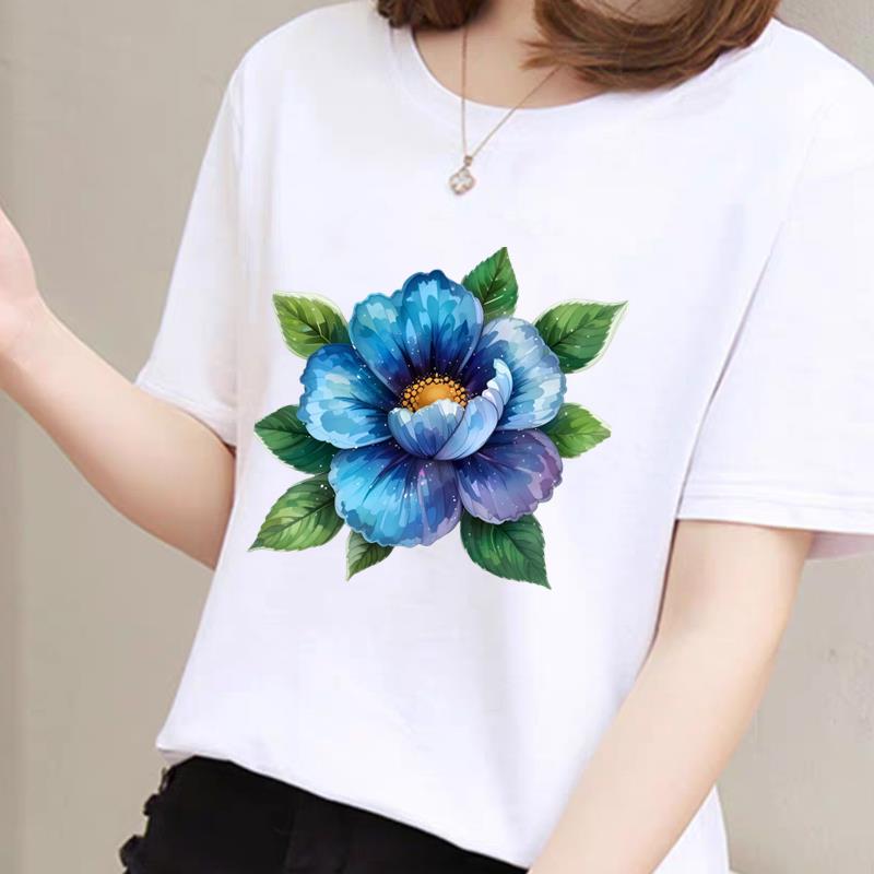 花朵可爱上衣女打底外穿洋气夏季时尚休闲圆领ins短袖通勤印花T恤