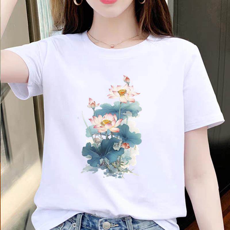 荷花气质夏季上衣女外穿洋气打底时尚休闲圆领ins短袖通勤印花T恤