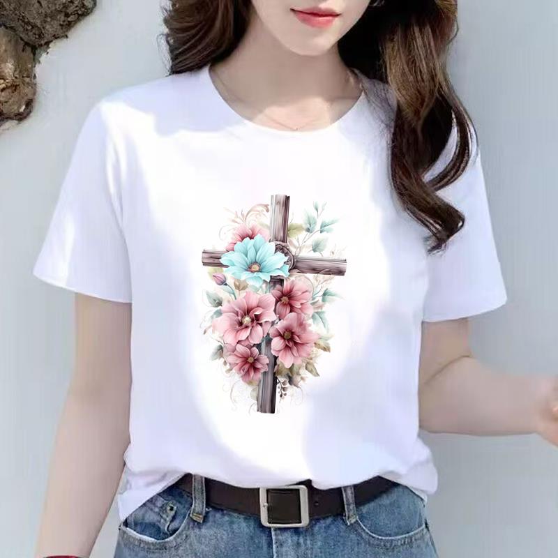 可爱花卉夏季上衣女外穿洋气打底短袖通勤时尚休闲圆领ins印花T恤