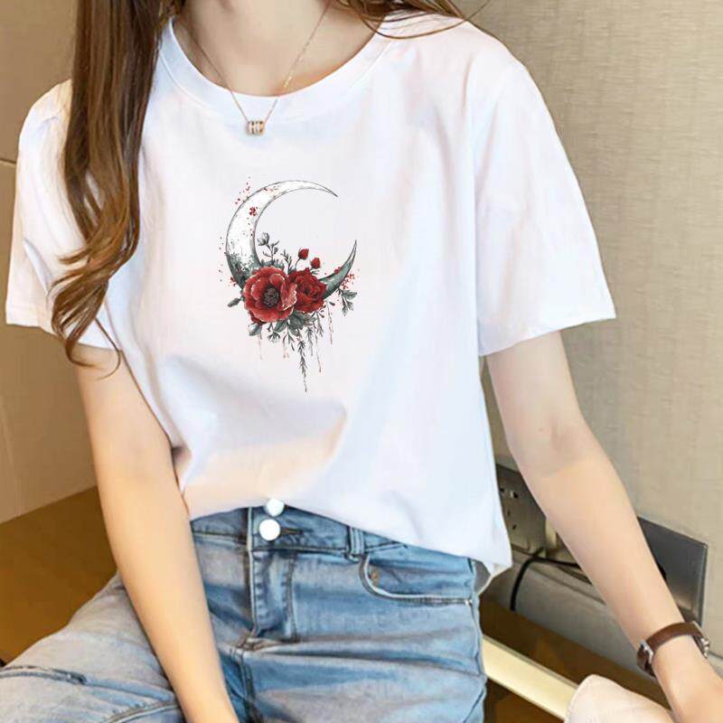 可爱花卉夏季上衣女外穿洋气打底短袖通勤时尚休闲圆领ins印花T恤