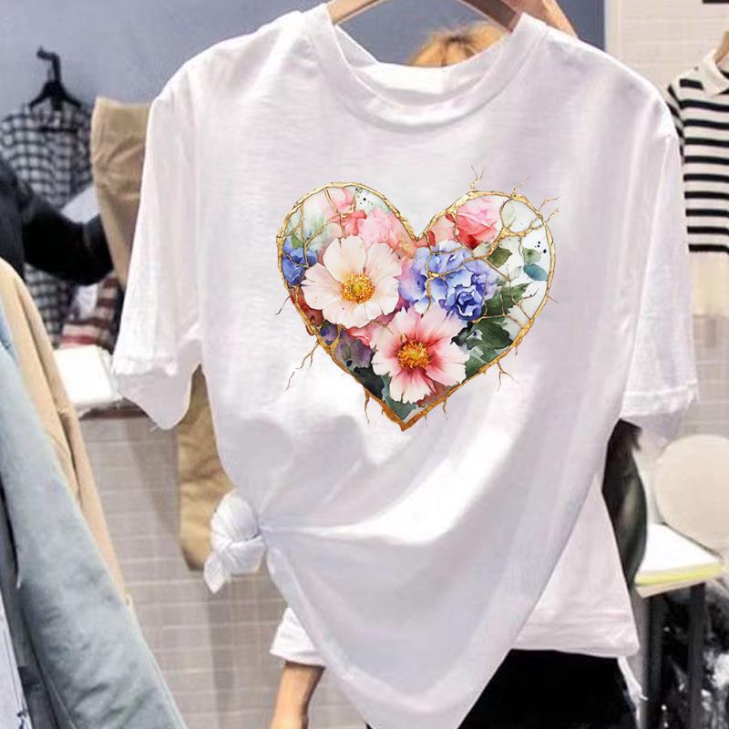 爱心花卉洋气夏季上衣女打底外穿时尚休闲圆领ins短袖通勤印花T恤