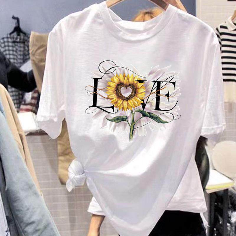 字母花朵短袖时尚上衣圆领通勤打底女外穿洋气休闲夏季ins印花T恤