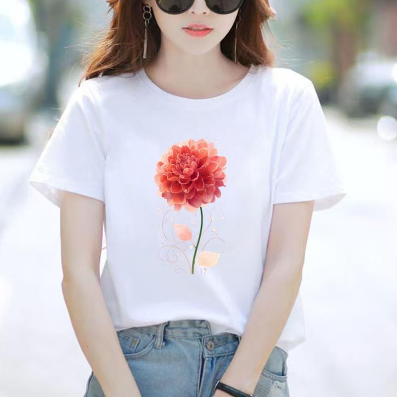花朵可爱上衣圆领通勤打底短袖时尚女外穿洋气休闲夏季ins印花T恤