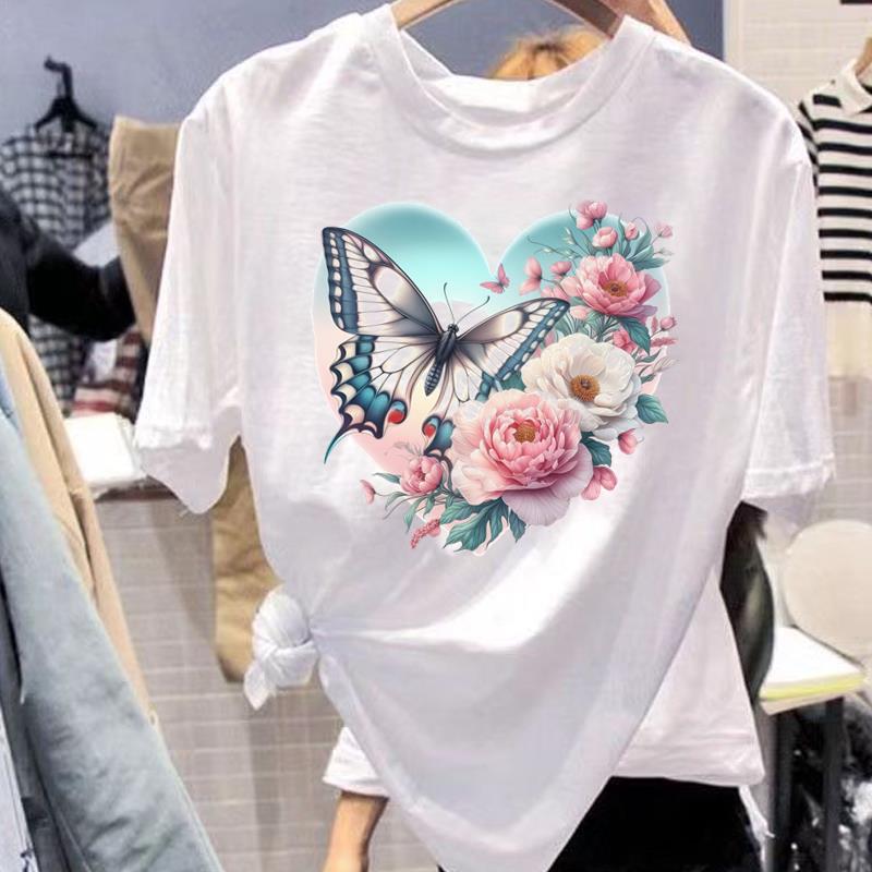 蝴蝶花卉圆领通勤打底短袖时尚上衣女外穿洋气休闲夏季ins印花T恤