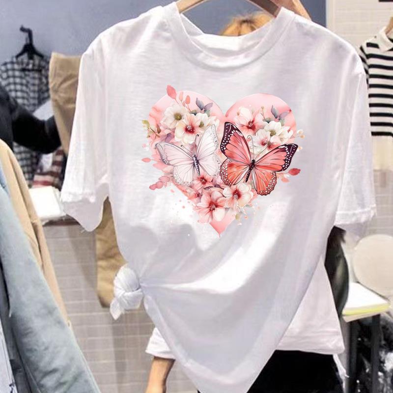 蝴蝶花卉通勤时尚夏季短袖女上衣打底外穿洋气休闲圆领ins印花T恤
