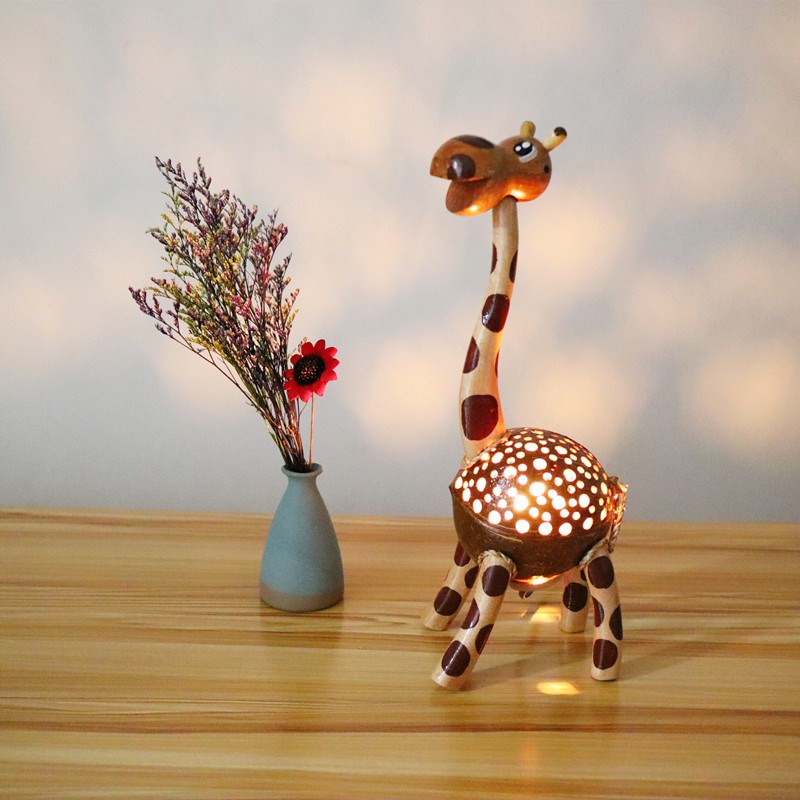 泰国实木椰壳卧室台灯氛围灯儿童床头小夜灯卡通长颈鹿客厅落地灯