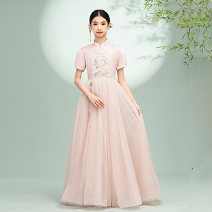 中高端国风儿童演出服民乐古筝大童女童演奏古典舞粉色古风礼服