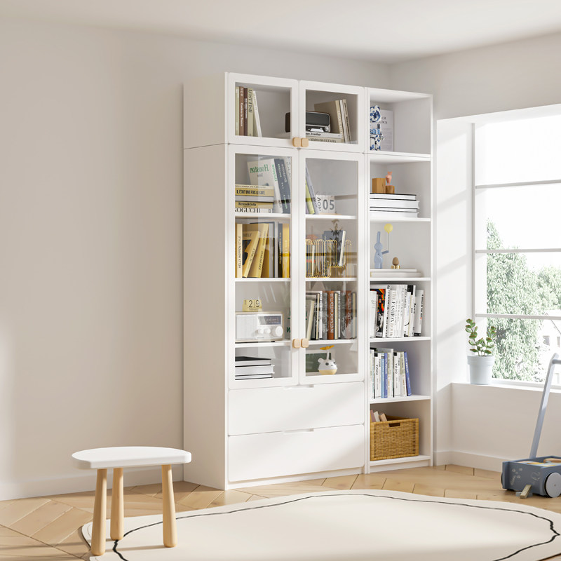 W7实木书柜带玻璃门客厅储物柜子美式儿童书架家用组合柜书