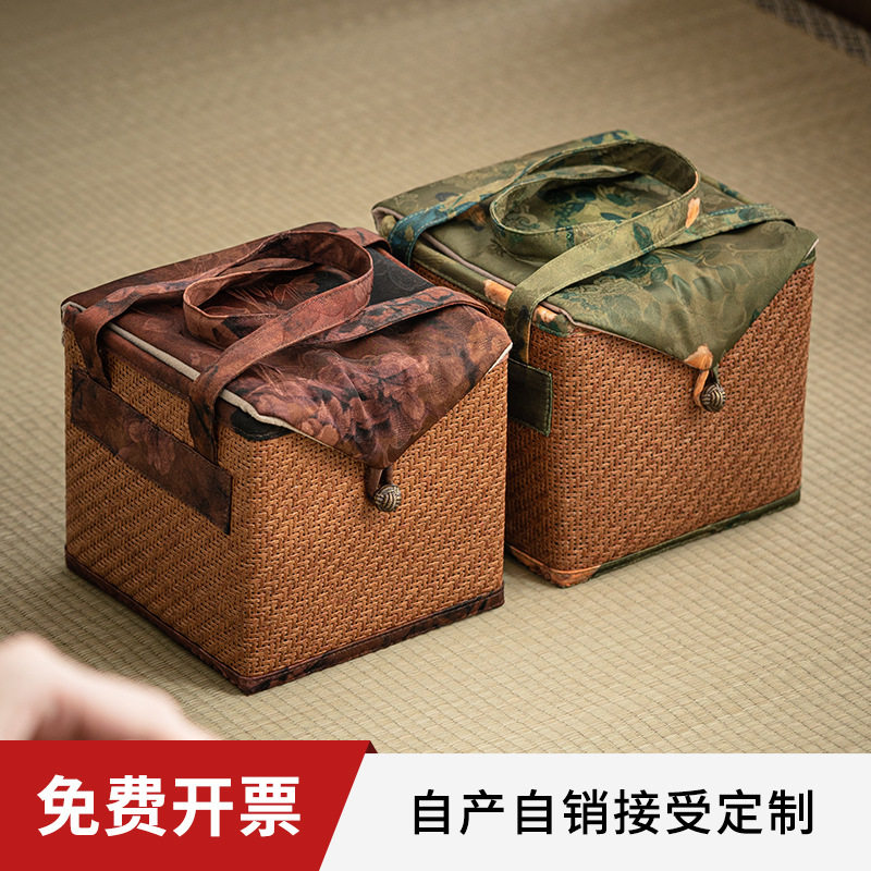 家用旅行茶具收纳包袋快客杯户外手提便携大容量藤编收纳盒布艺包