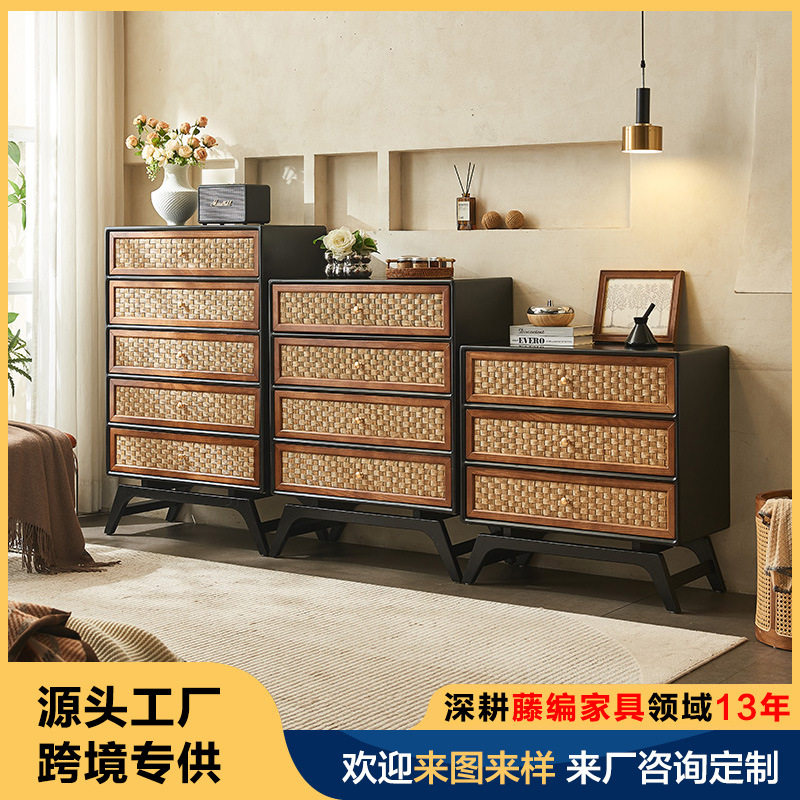 实木藤编五斗柜日式玄关收纳