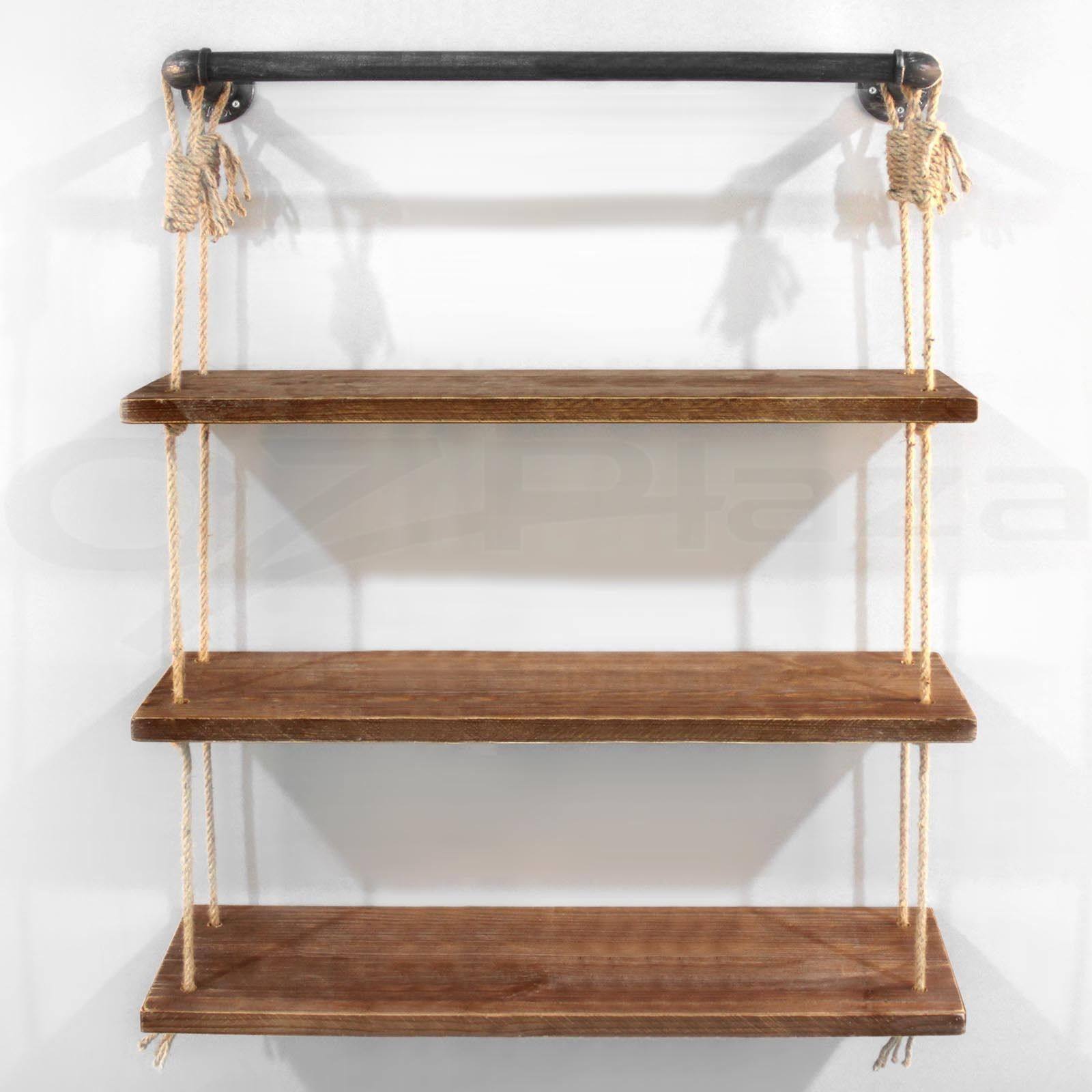 厂家直销美式工业风壁挂式隔板实木墙上置物架  麻绳展示架收纳架