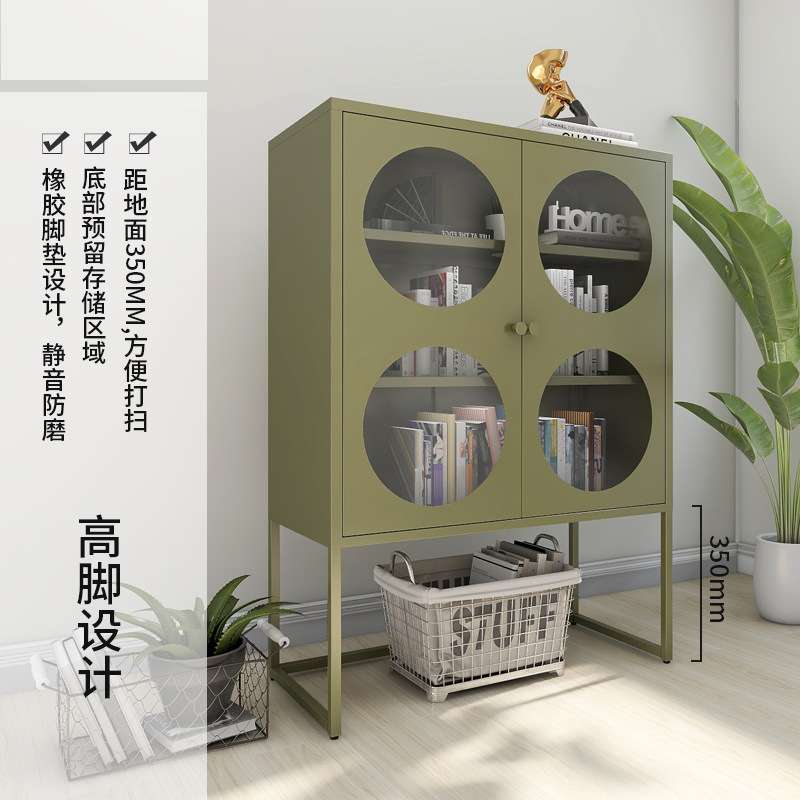 北欧高脚储物柜展示收纳柜铁艺厨房客厅餐边置物架玻璃矮柜带门
