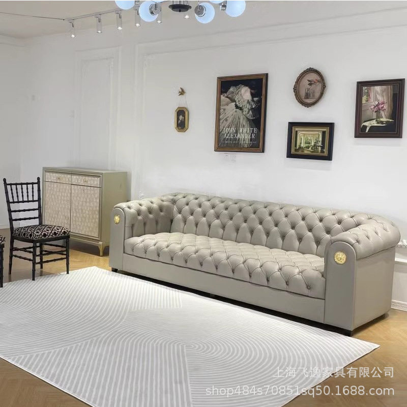 法式复古头层牛皮三人拉扣沙发