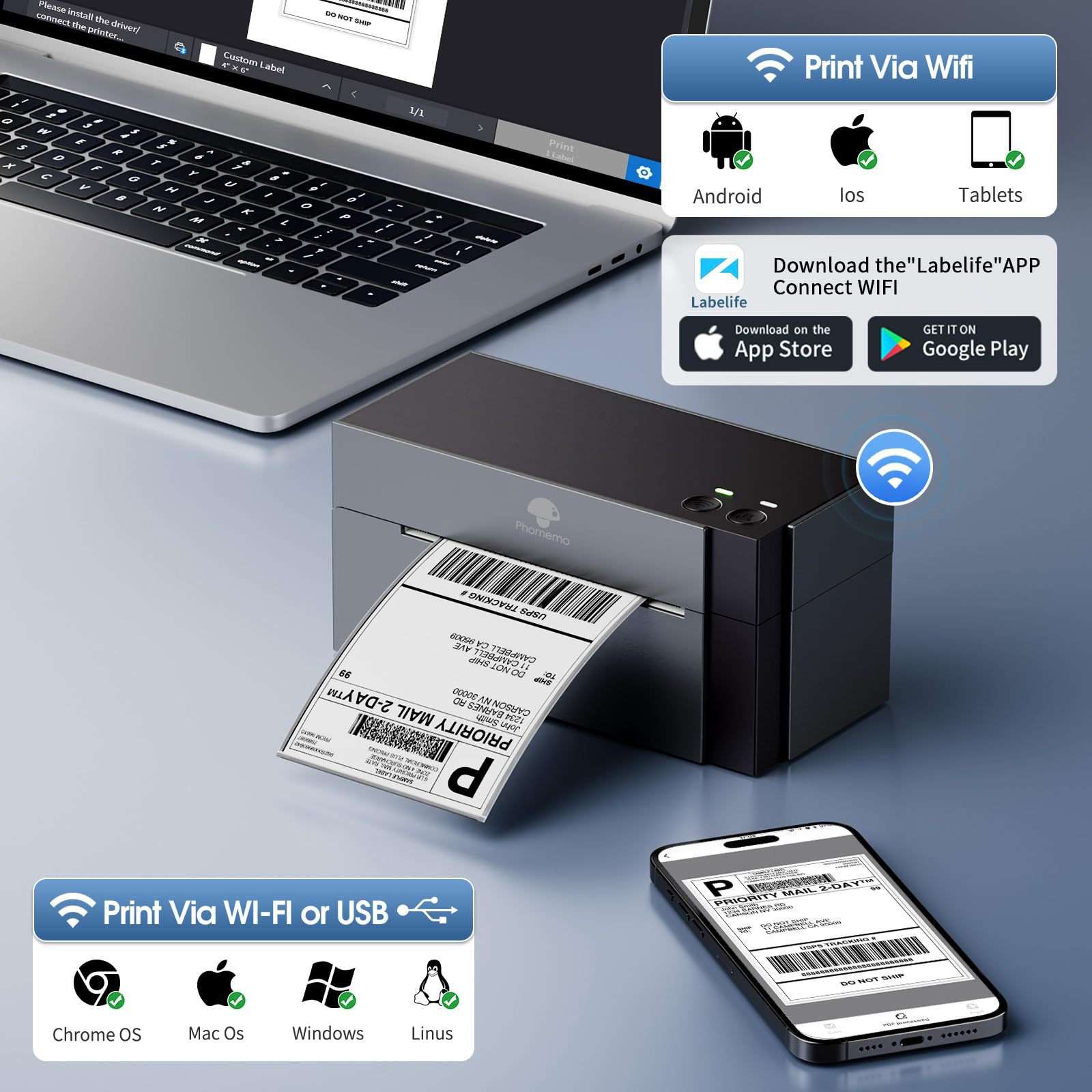 WiFi thermal express printer 300DPI high-definition printing
