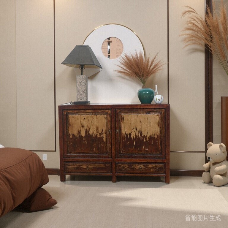 复古中式榆木实木两门餐边柜