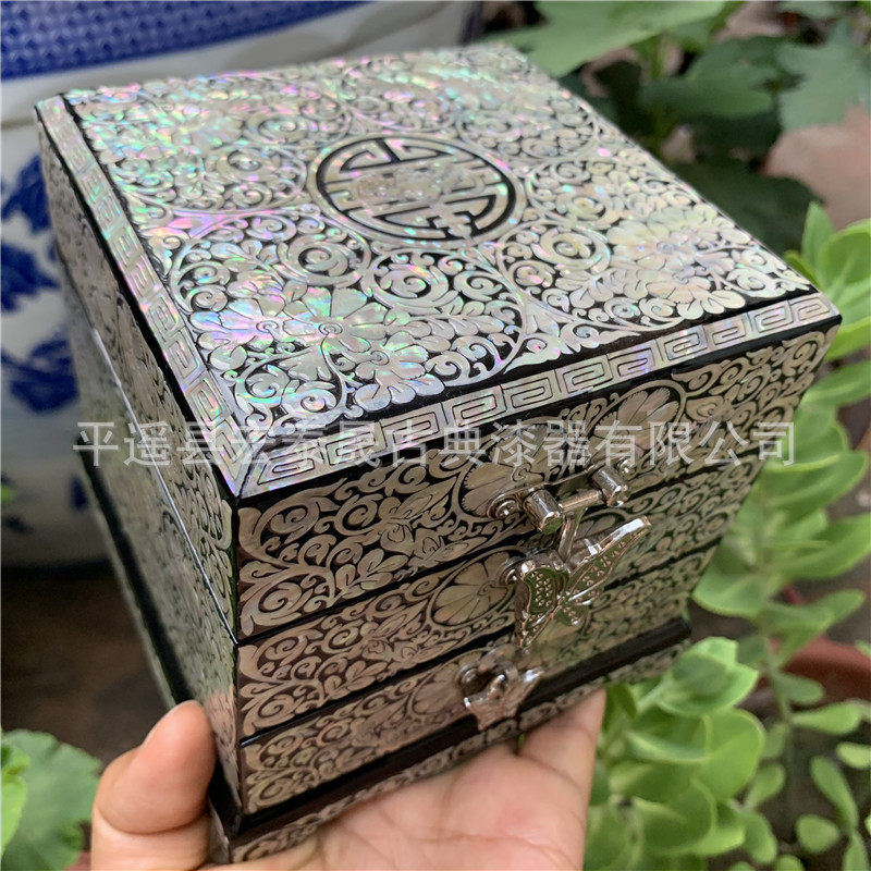 漆器鲍鱼贝壳工艺螺钿首饰盒小三层工艺珠宝盒
