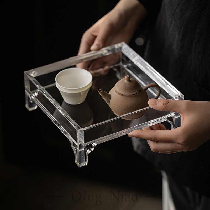 亚克力四方茶台茶盘家用壶承摆件收纳轻奢透明茶壶茶杯托盘收纳盘