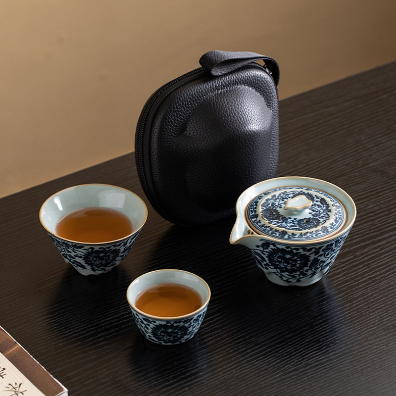 青花瓷便携式旅行茶具小套装个人专用手抓泡茶壶茶杯露营游快客杯