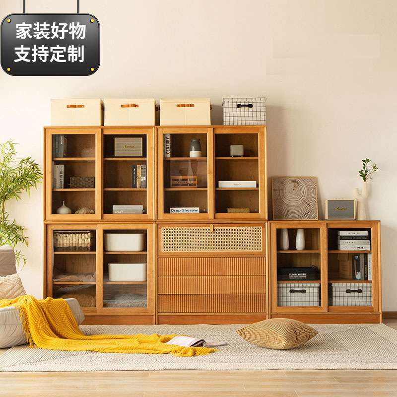 北欧全实木樱桃木斗柜边柜储物柜玻璃门书柜客厅落地展示柜置物柜
