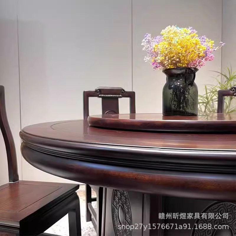 仿古餐桌桌椅组合新中式家用大小户型圆形雕花转盘花梨木实木餐桌