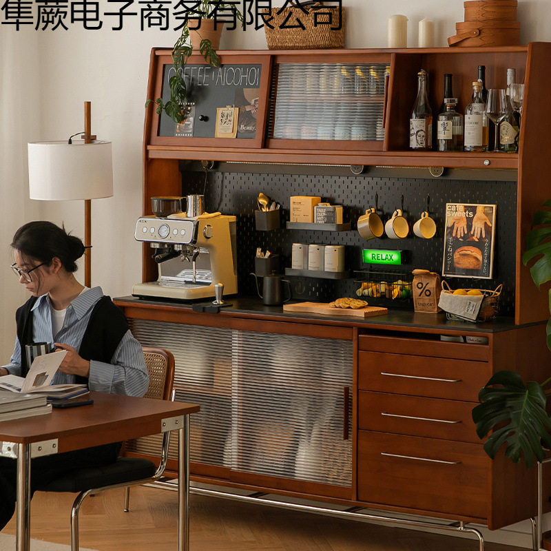 新款热卖北欧复古实木餐边柜高柜靠墙一体厨房酒柜岩板收纳储物柜