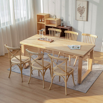 现代简约原木色餐桌 家用客厅长条吃饭桌子 餐厅实木餐桌椅组合