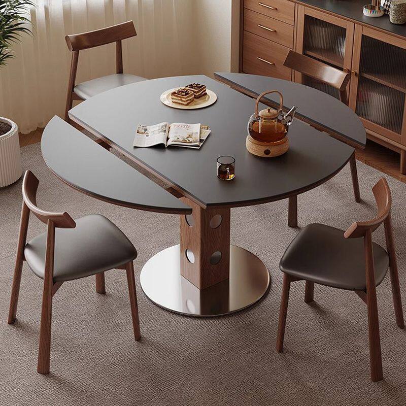 法式复古可伸缩折叠餐桌椅组合家用小户型方圆两用黑色餐桌