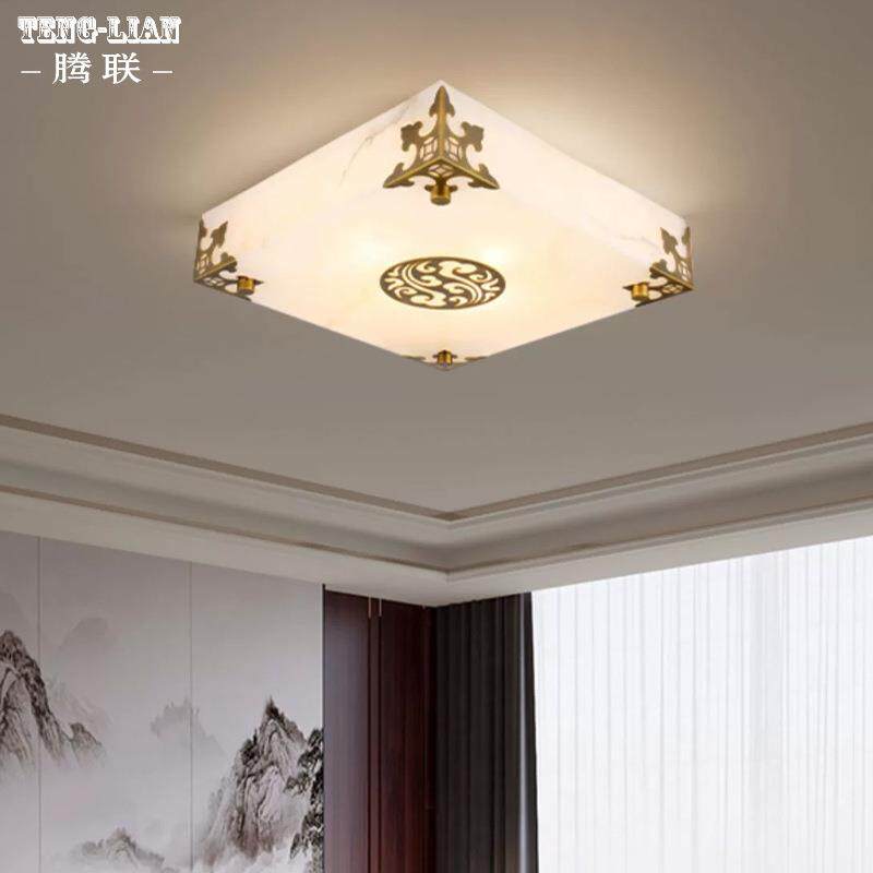 别墅新中式全铜吸顶灯现代云石客厅灯祥云复式楼仿古正方形卧室灯