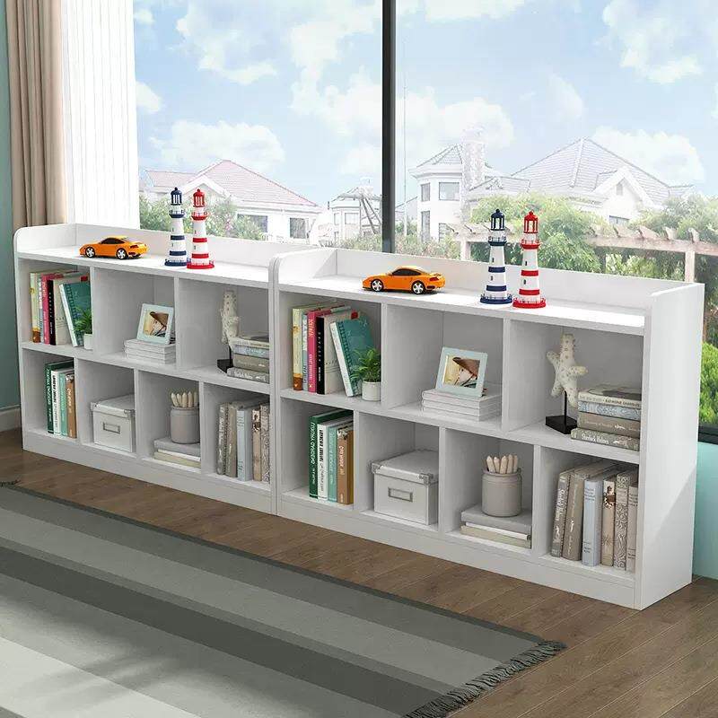 实木书架儿童落地简约书柜学生教室矮柜置物架自由组合白色格子柜