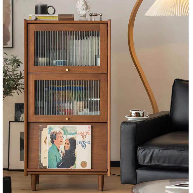北欧实木书柜客厅中古杂志收纳柜日式简约复古玻璃电视边柜储物柜