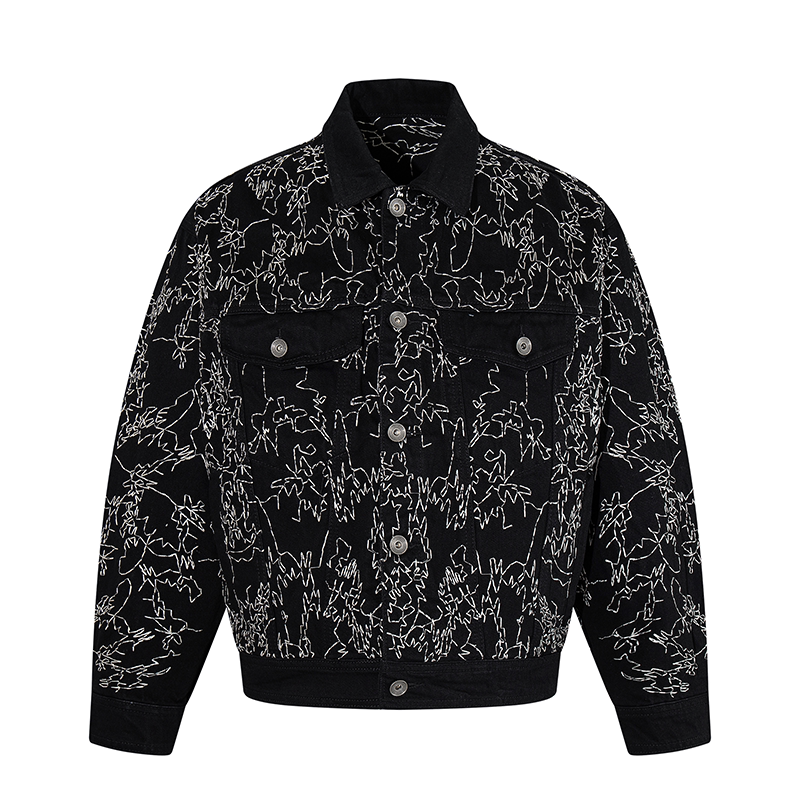 巴黎轻奢风美式暗花纹刺绣牛仔外套男翻领百搭潮牌复古开衫夹克