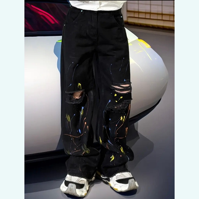 巴黎风格潮牌美式破洞泼墨牛仔裤