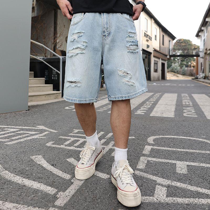 复古潮流乞丐牛仔短裤刮烂破洞五分裤男宽松百搭直夏季